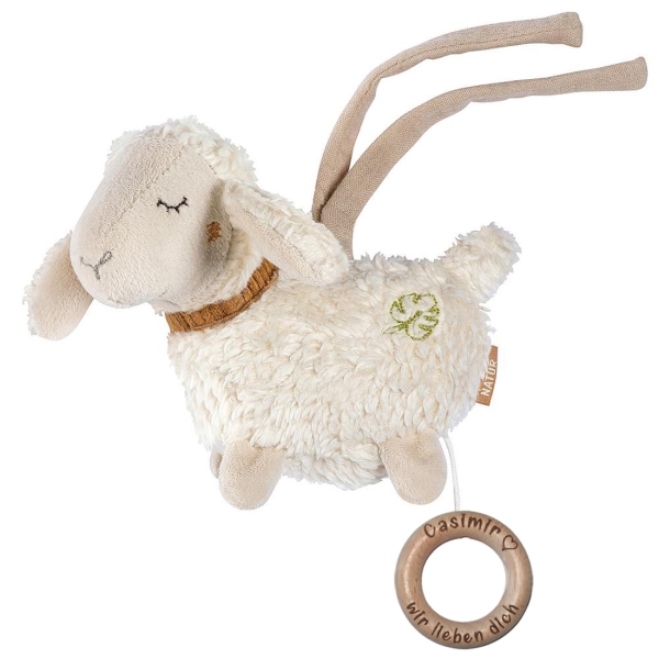 Fehn Mini-Spieluhr Schaf mit Holzring und Namensgravur